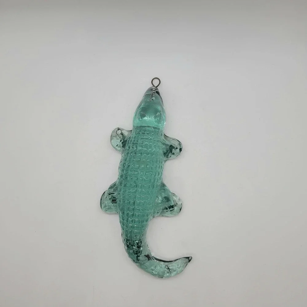 Vintage Art Glass Alligator Figurine Teal Green Textured Crocodile Ornament 6.5